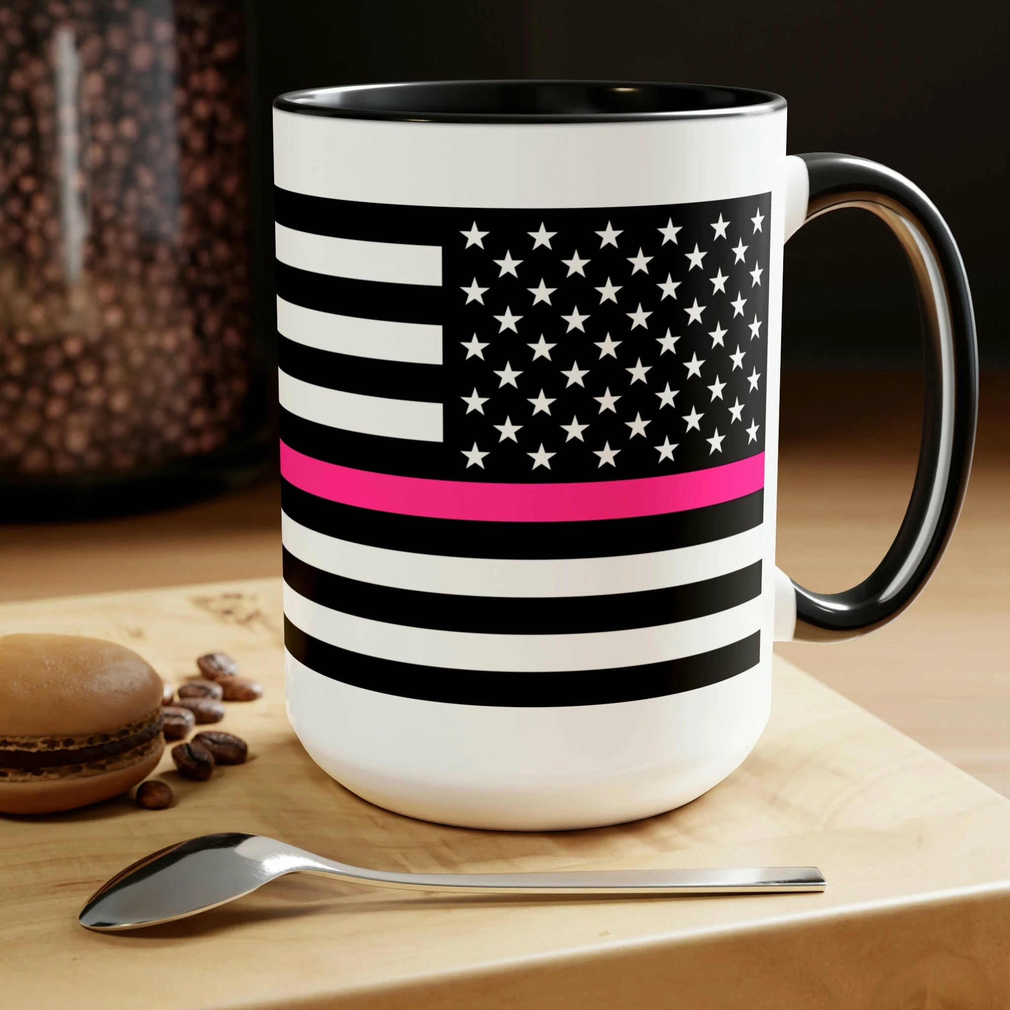 Two-Tone Thin Pink Line Flag Coffee Mugs, 15oz 4 Two-Tone Thin Pink Line Flag Coffee Mugs, 15oz - Image 4