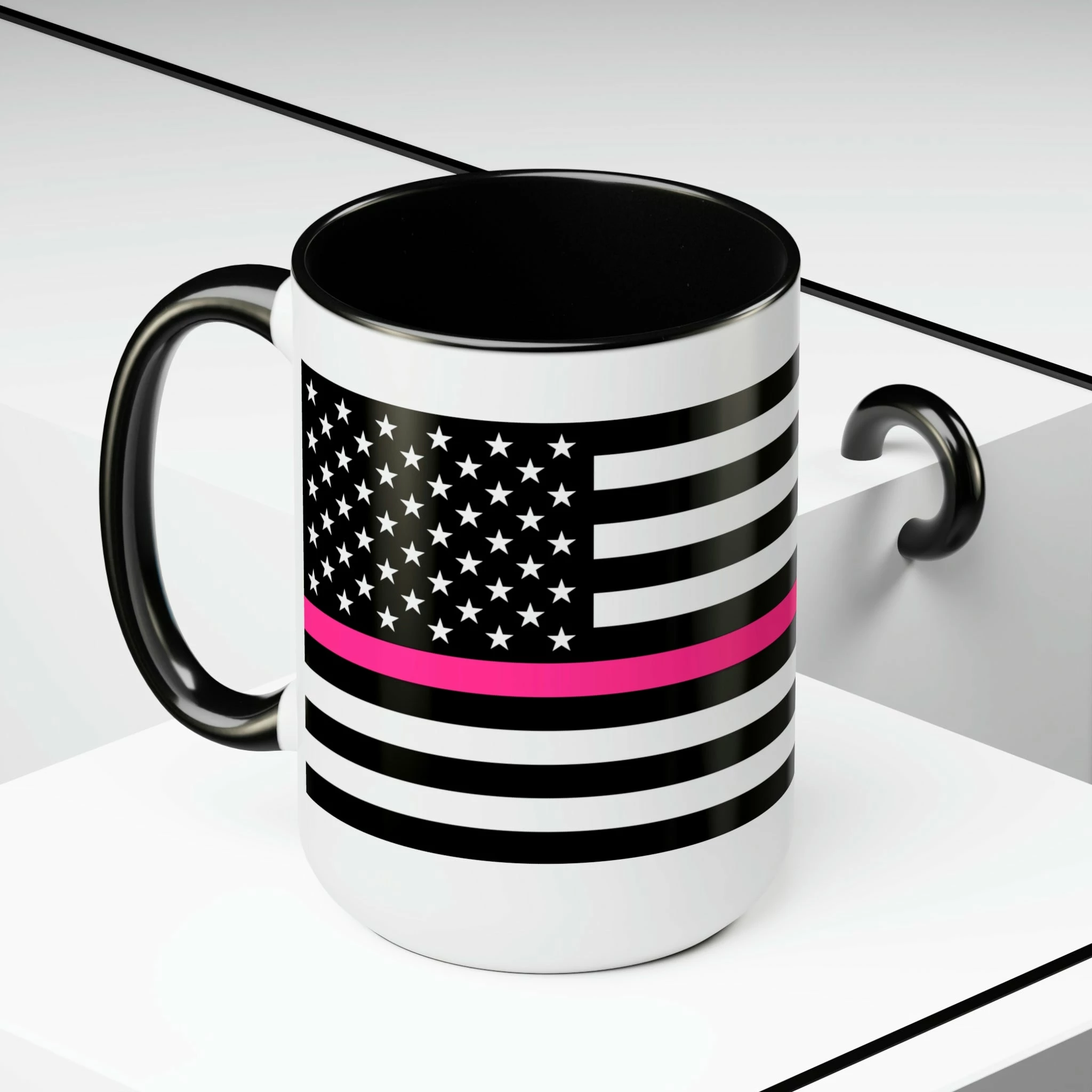 Two-Tone Thin Pink Line Flag Coffee Mugs, 15oz 5 Two-Tone Thin Pink Line Flag Coffee Mugs, 15oz - Image 5