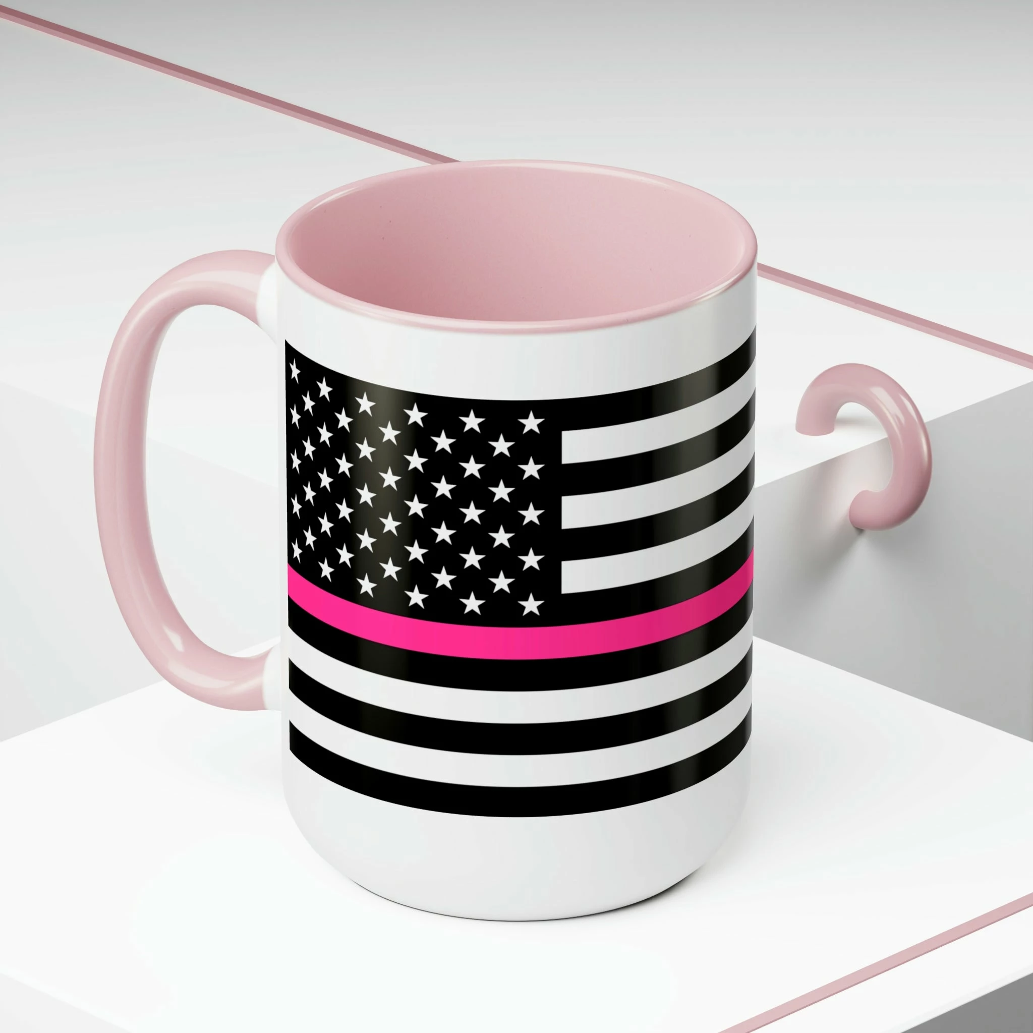 Two-Tone Thin Pink Line Flag Coffee Mugs, 15oz 20 Two-Tone Thin Pink Line Flag Coffee Mugs, 15oz - Image 20