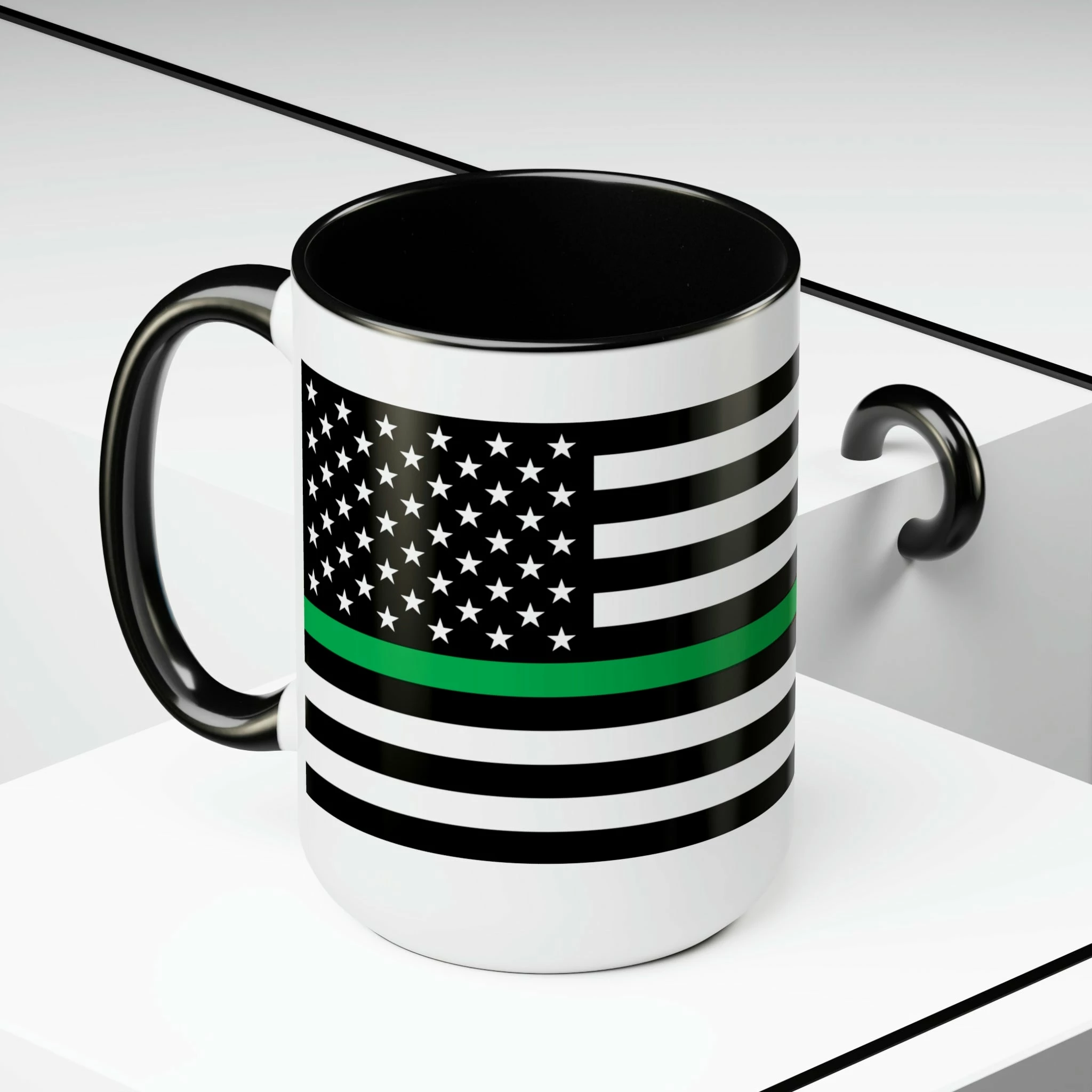 Two-Tone Thin Green Line Flag Coffee Mugs, 15oz 5 Two-Tone Thin Green Line Flag Coffee Mugs, 15oz - Image 5