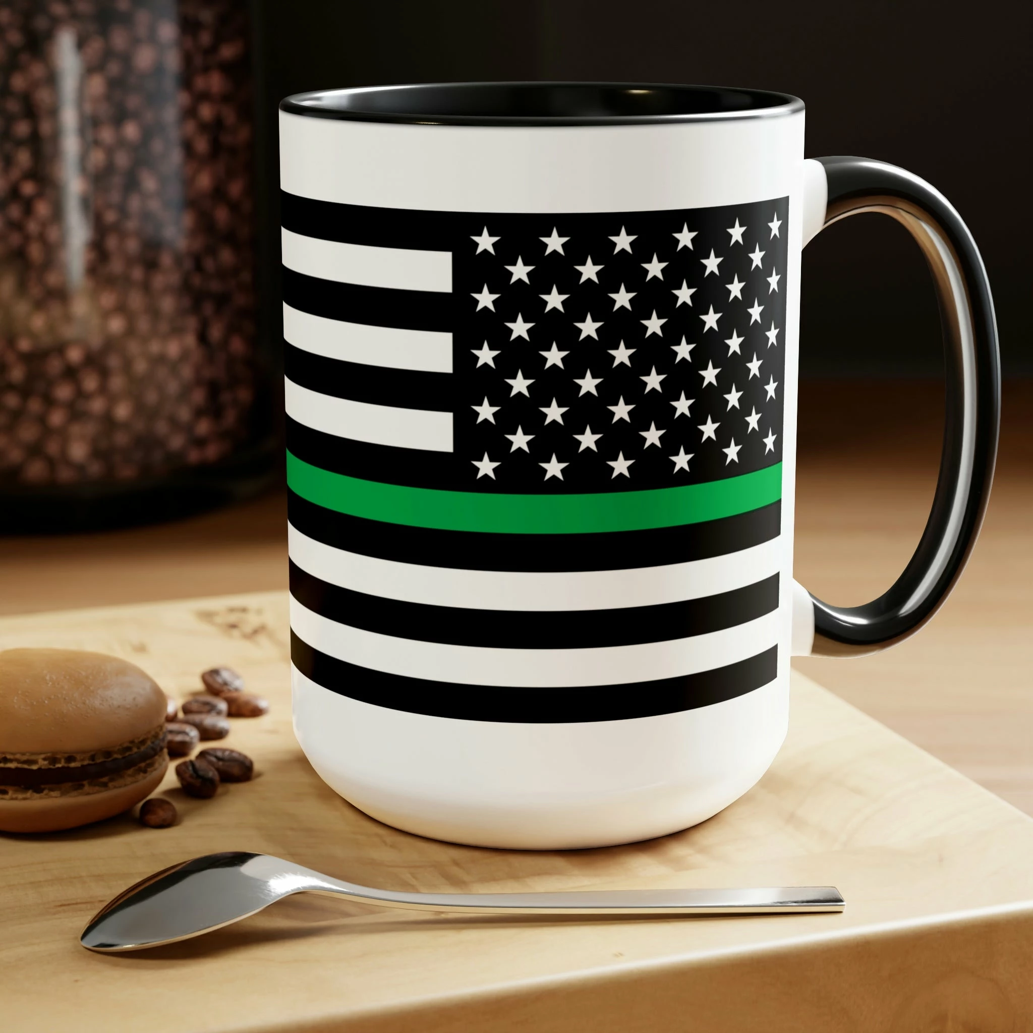 Two-Tone Thin Green Line Flag Coffee Mugs, 15oz 4 Two-Tone Thin Green Line Flag Coffee Mugs, 15oz - Image 4